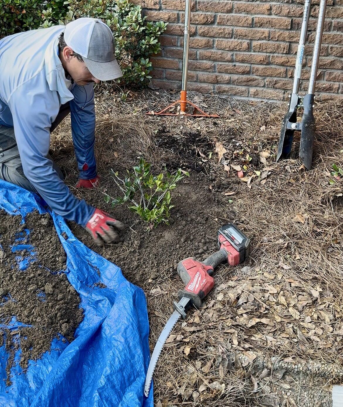 Josh the owner of SouthScape Co. removing bushes and installing new bushes at a home in Hattiesburg Mississippi